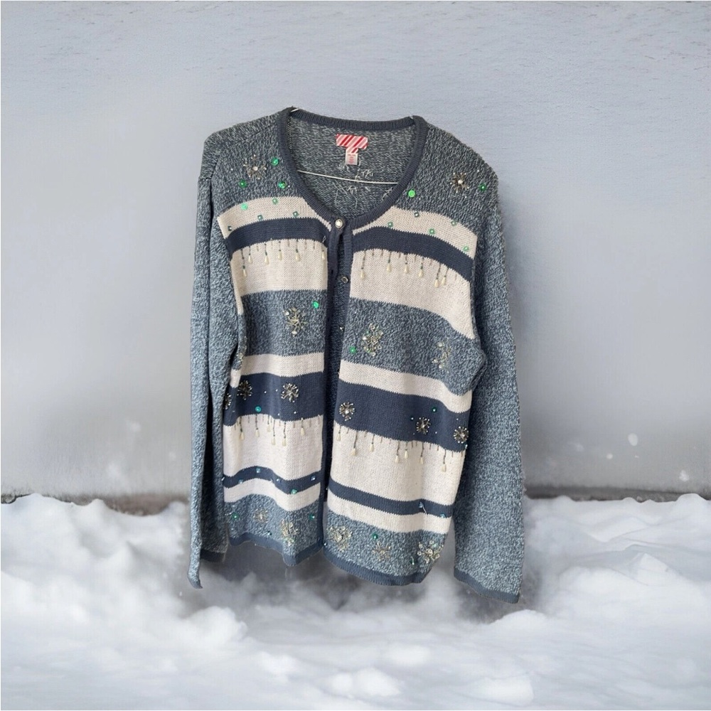 Vintage Snowflake Size 20 Cardigan 2x Women's Sweater Blue Heather Beaded EUC